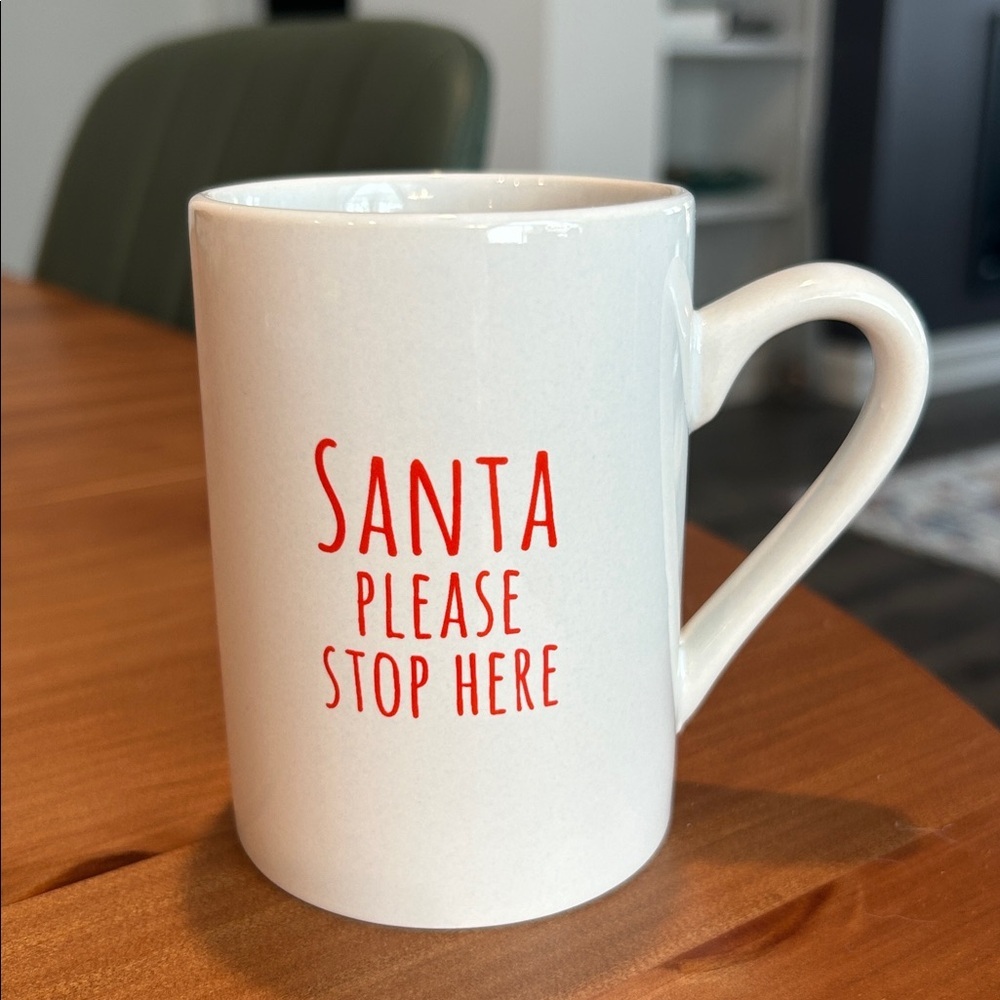 Christmas Coffee Cup Mug. Santa Please Stop Here. White and Red.